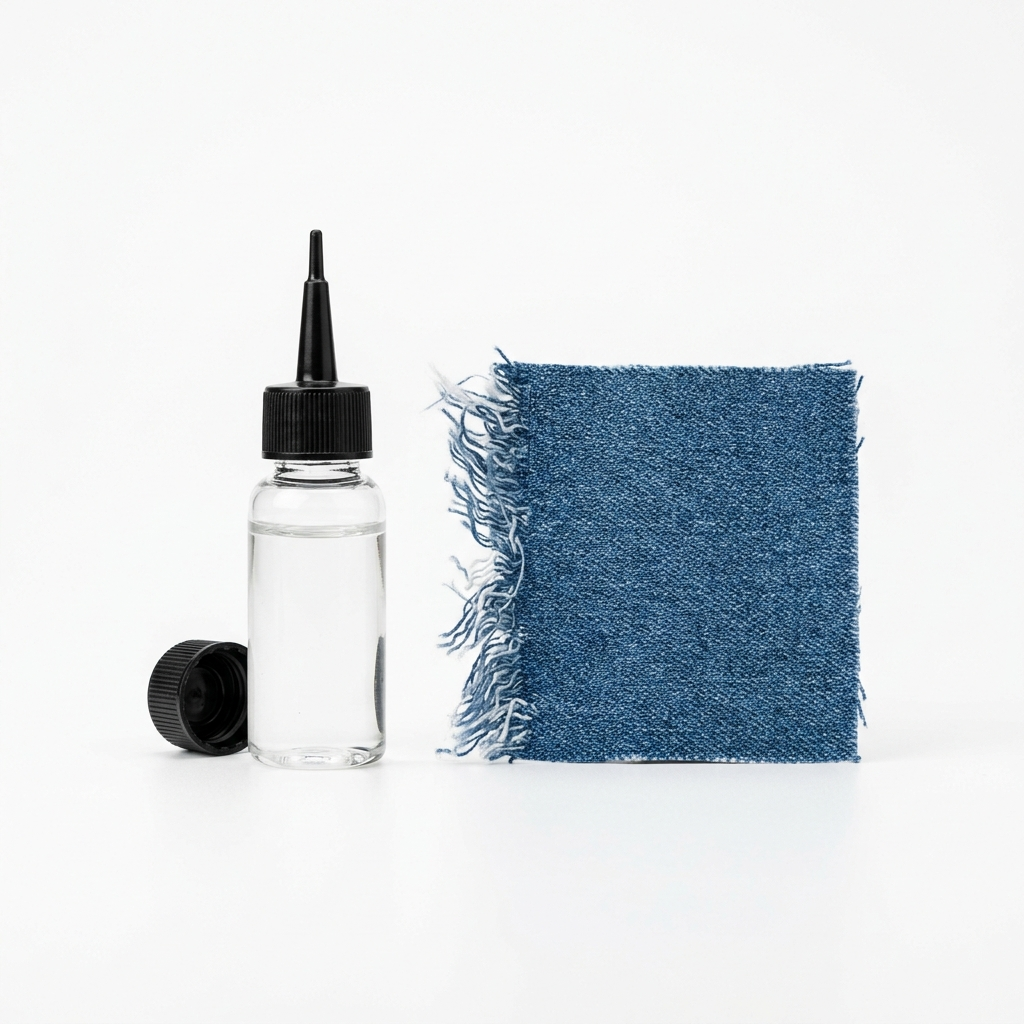 Clear liquid seam sealant bottle with precision tip beside fraying fabric edge on white background