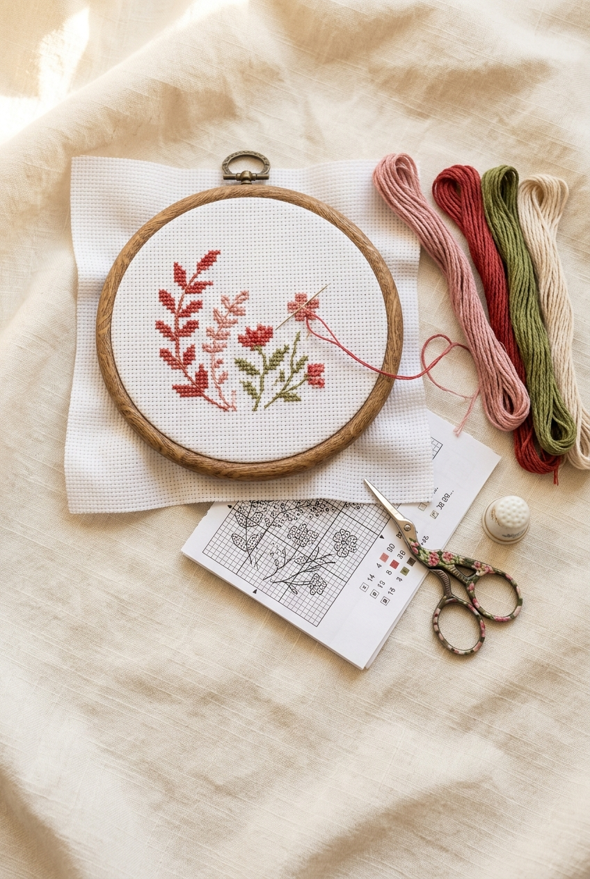 Beginner cross stitch floral project in wooden hoop on cream background with DMC floss