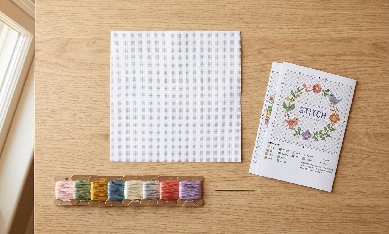 Beginner cross stitch kit flat lay with Aida cloth DMC floss bobbins needle and pattern chart