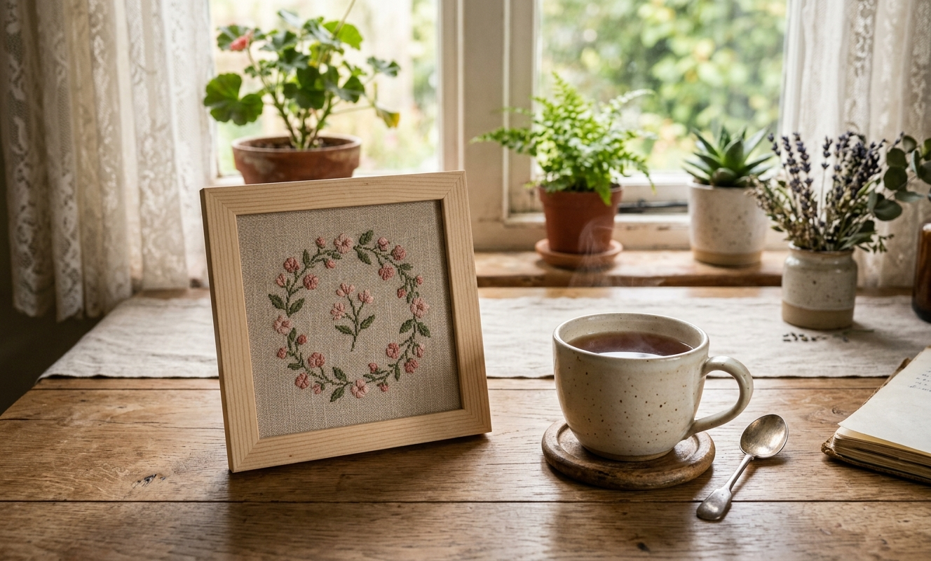Finished beginner cross stitch floral piece in dark frame beside cup of tea on wooden desk
