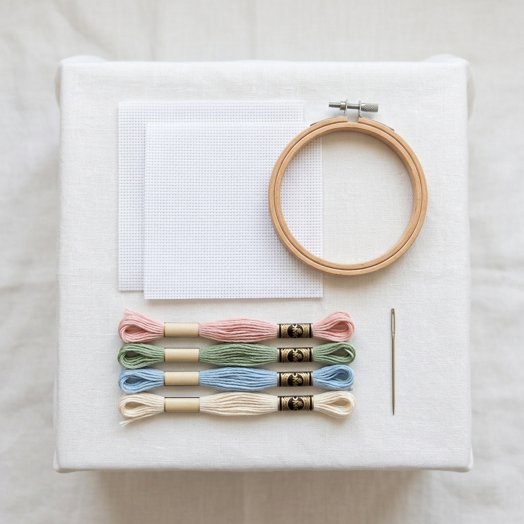 Beginner cross stitch kit open showing Aida cloth floss skeins and tapestry needle on white surface