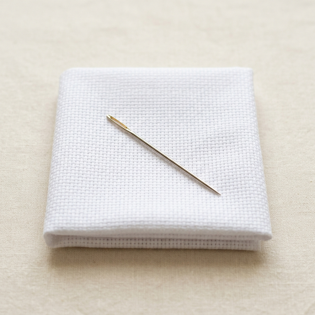 White 14-count Aida cloth folded neatly with tapestry needle on cream surface for cross stitch
