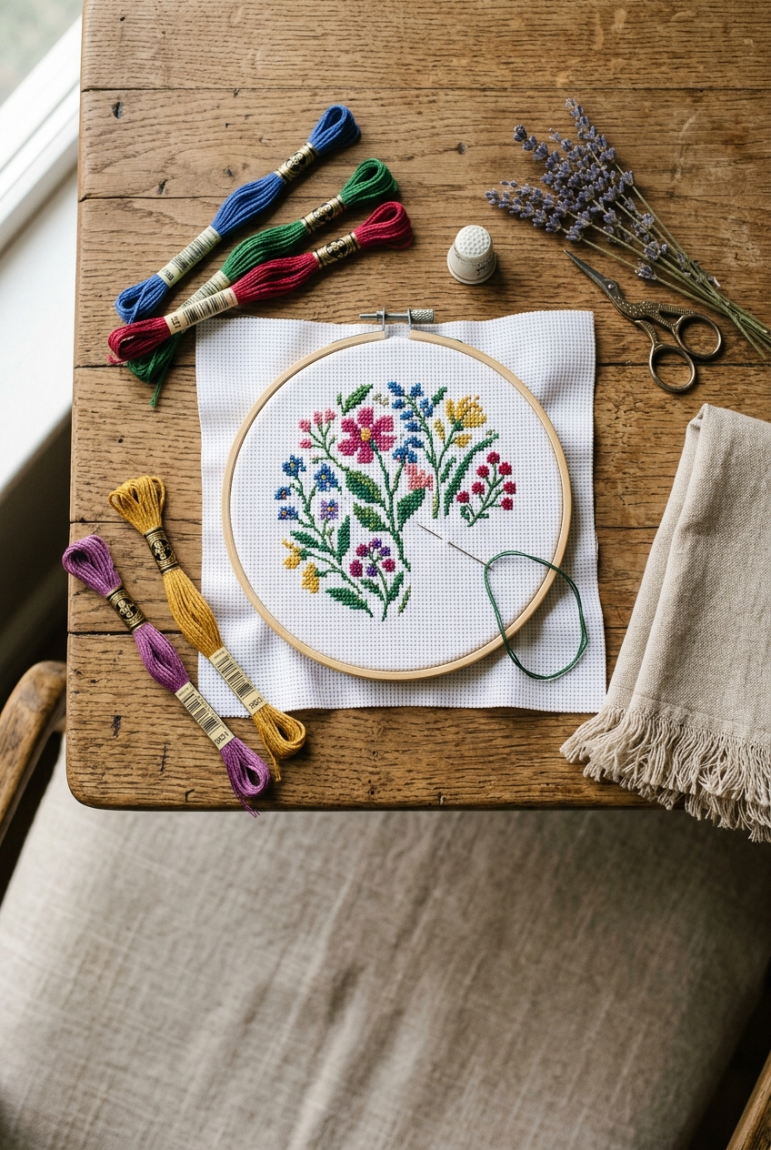 Colorful botanical cross stitch in wooden hoop surrounded by embroidery floss skeins on linen