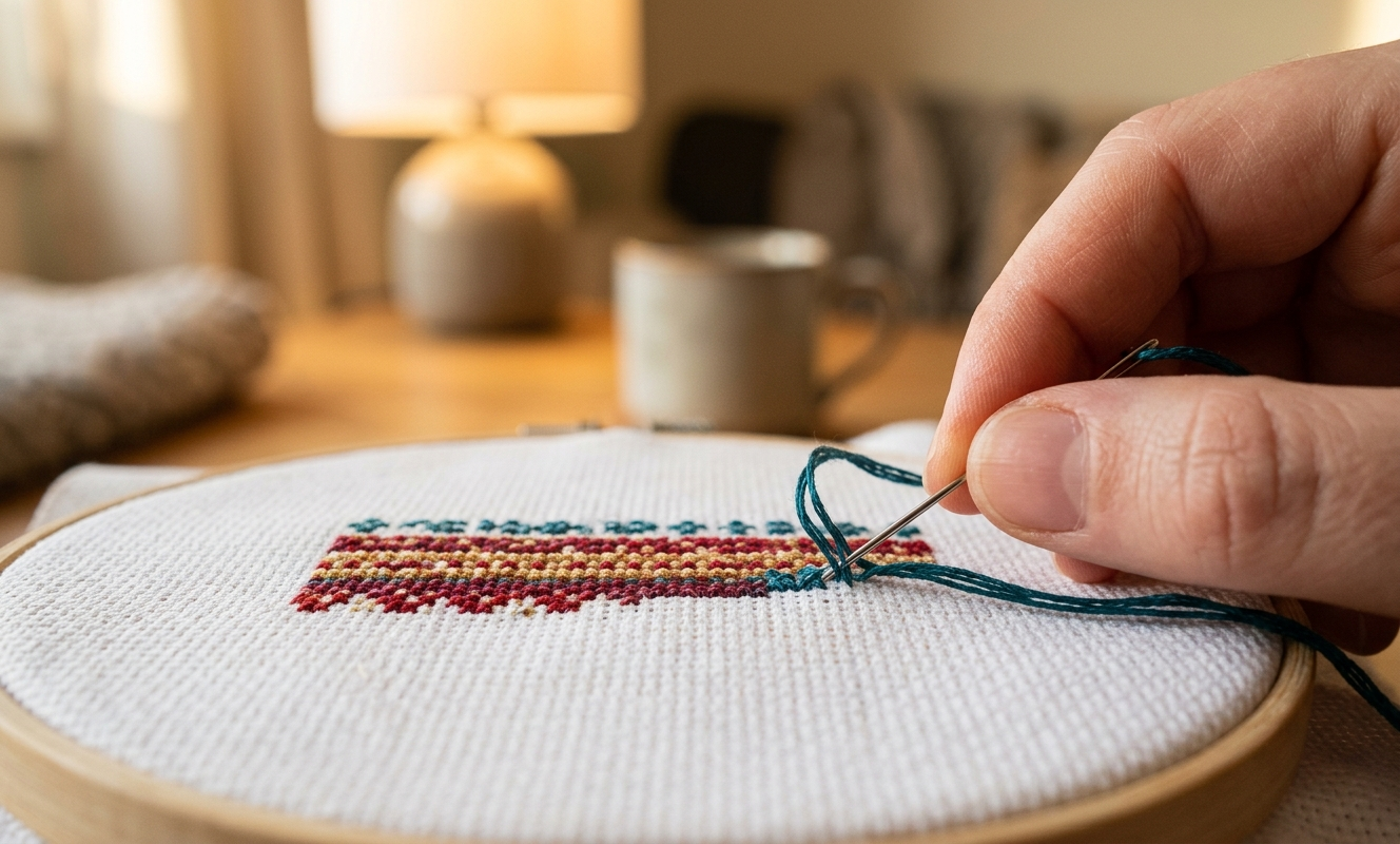 Close-up of needle pulling teal embroidery floss through white Aida fabric with completed cross stitches