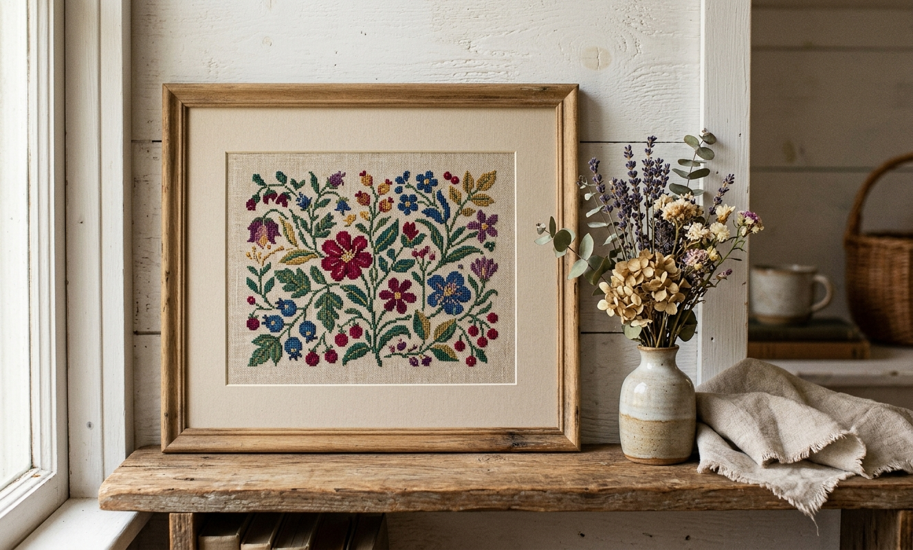 Framed completed botanical cross stitch piece in jewel tones leaning against whitewashed wooden wall