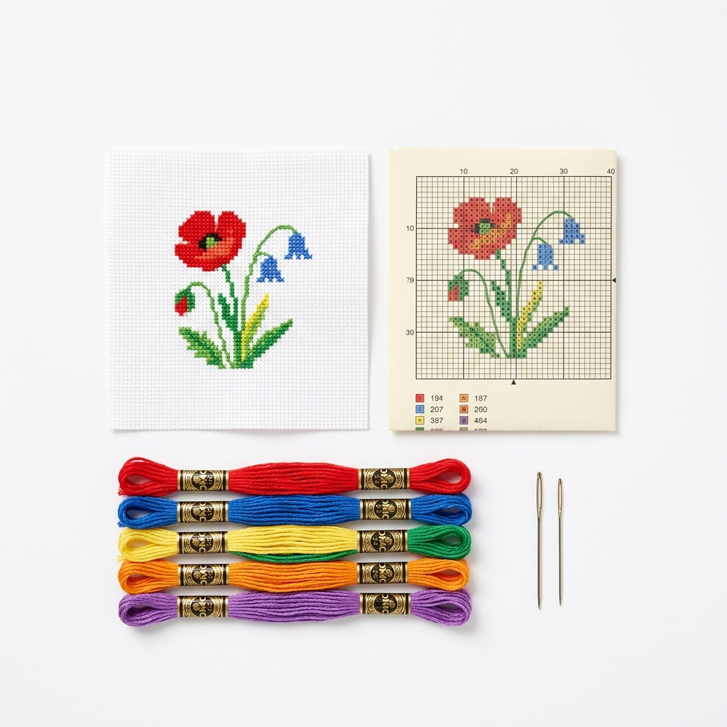 Counted cross stitch starter kit with Aida fabric floss needles and pattern on white background