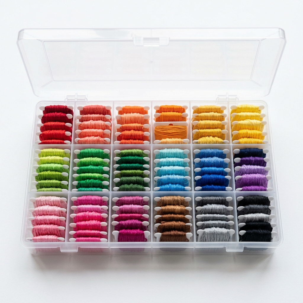 Embroidery floss organizer storage box with colorful wound bobbins in divided compartments