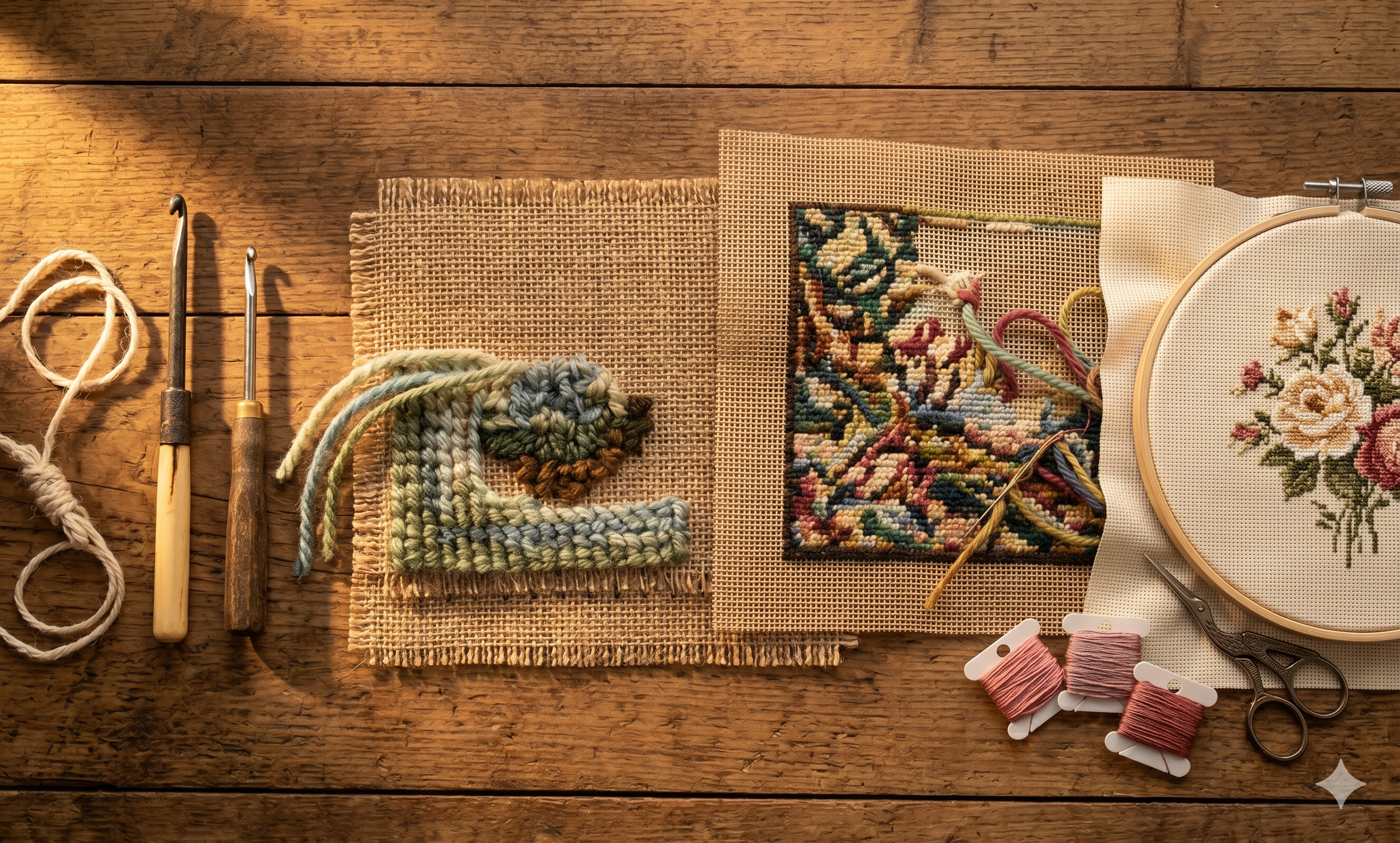Progression of needlework crafts &mdash; crochet hook, rug hook, needlepoint, cross stitch hoop