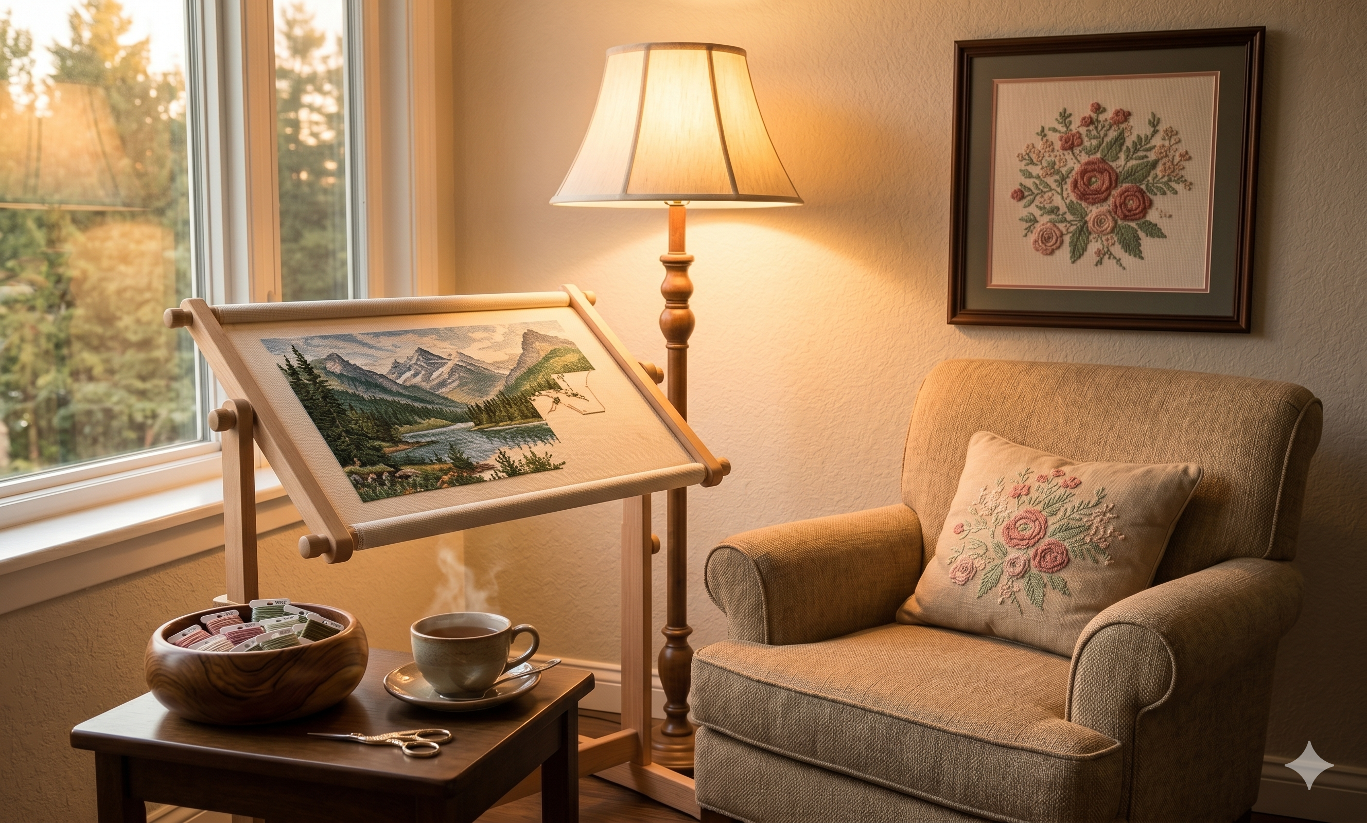 Cozy stitching corner with floor lamp, cross stitch frame, and finished piece on the wall
