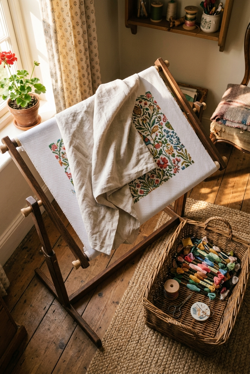 Wooden floor stand cross stitch frame with colorful project covered by a soft cotton pillowcase in warm afternoon light