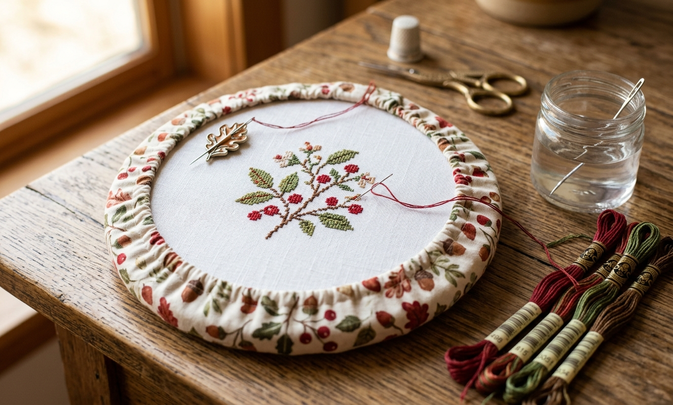 Close-up of an embroidery hoop with a fabric grime guard sleeve resting on a wooden table beside colorful floss skeins