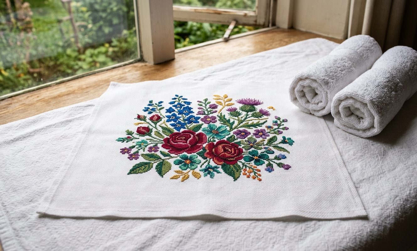 Finished cross stitch botanical piece lying flat on white cotton towels drying after hand washing in natural light