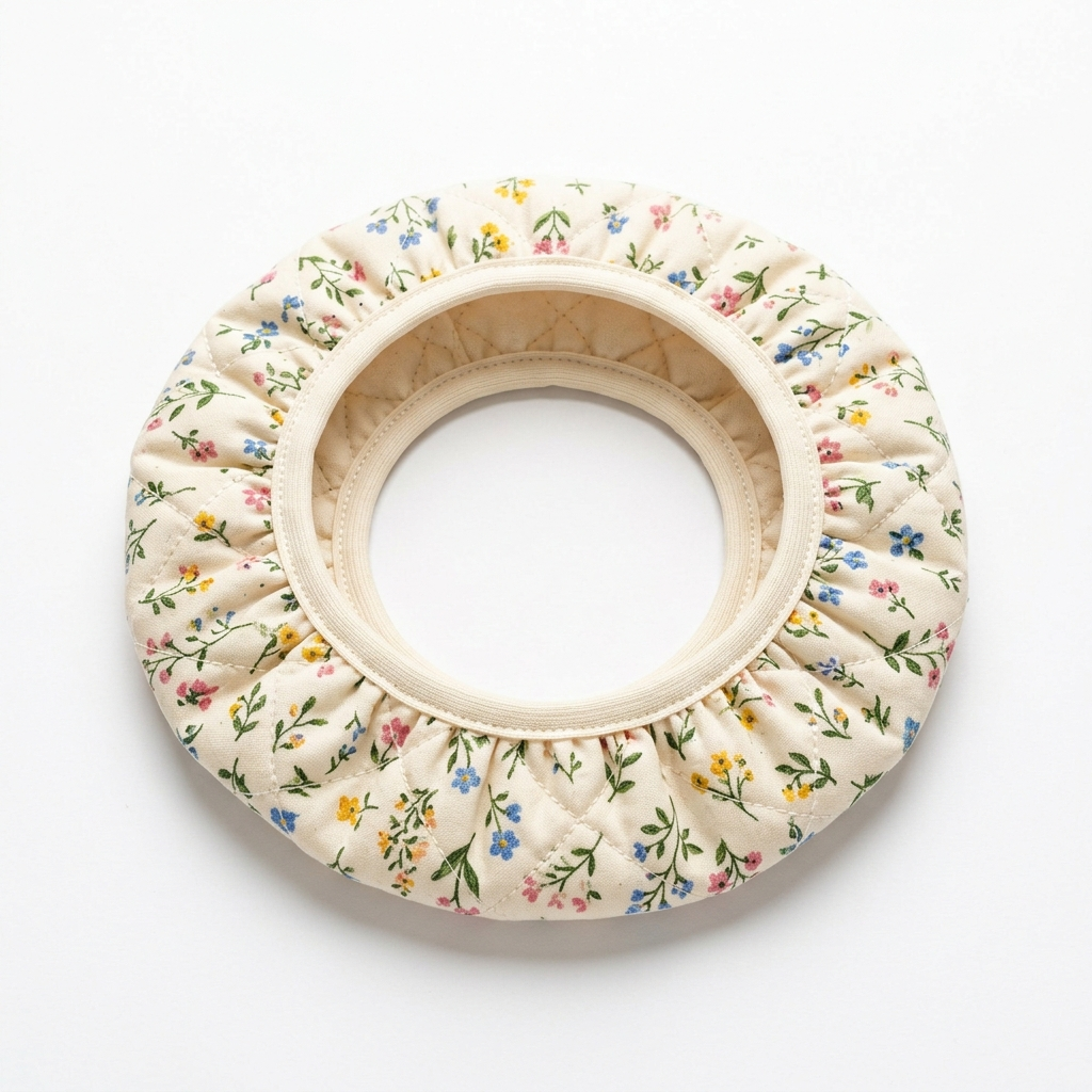 Quilted fabric grime guard sleeve for embroidery hoop shown on clean white background in natural cotton print