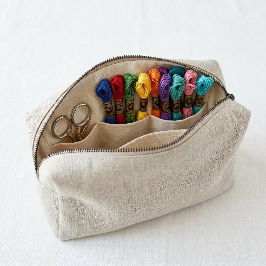 Zippered canvas needlework project bag open to show interior pockets with colorful embroidery floss on white background