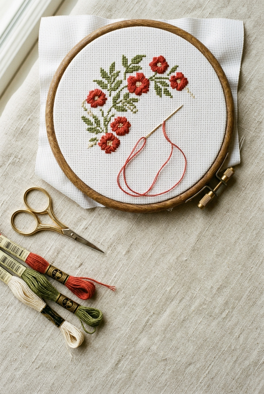 Cross stitch in progress on white Aida cloth in a wooden hoop with threaded needle showing loop start technique