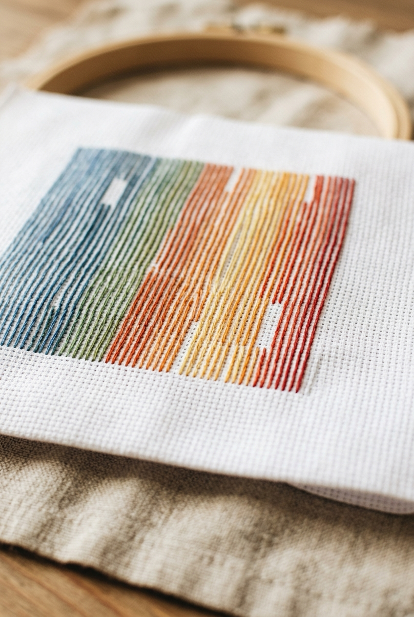 Clean back of cross stitch fabric showing neat parallel thread anchoring with no knots on white Aida cloth