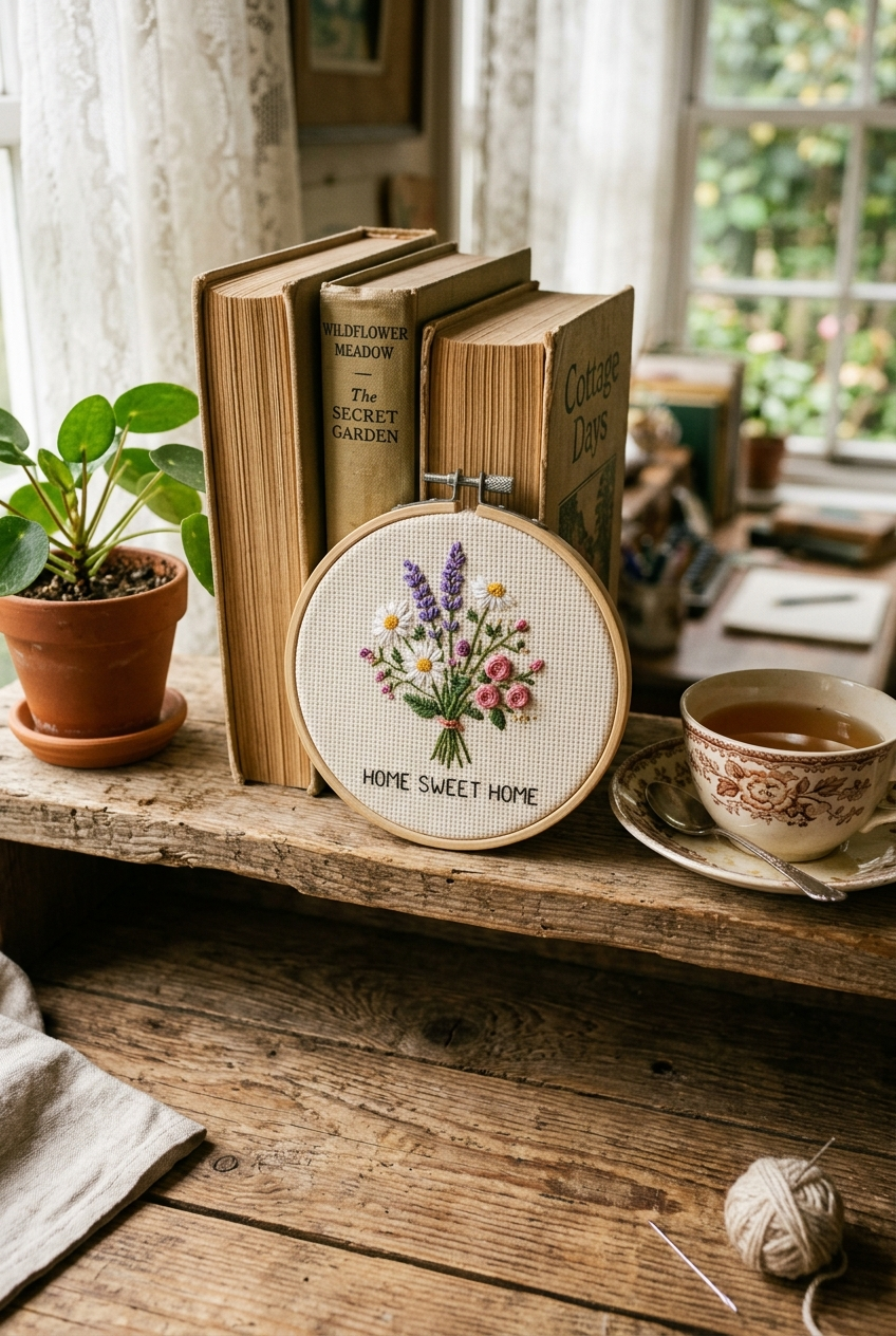 Framed cross stitch floral design on a rustic wooden shelf with books and warm afternoon light