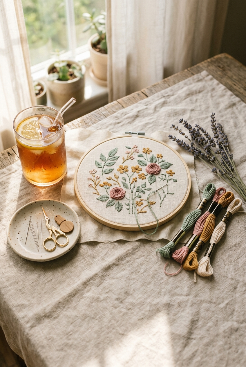 Mindful cross stitch flat lay with hoop linen floss and tea in warm daylight