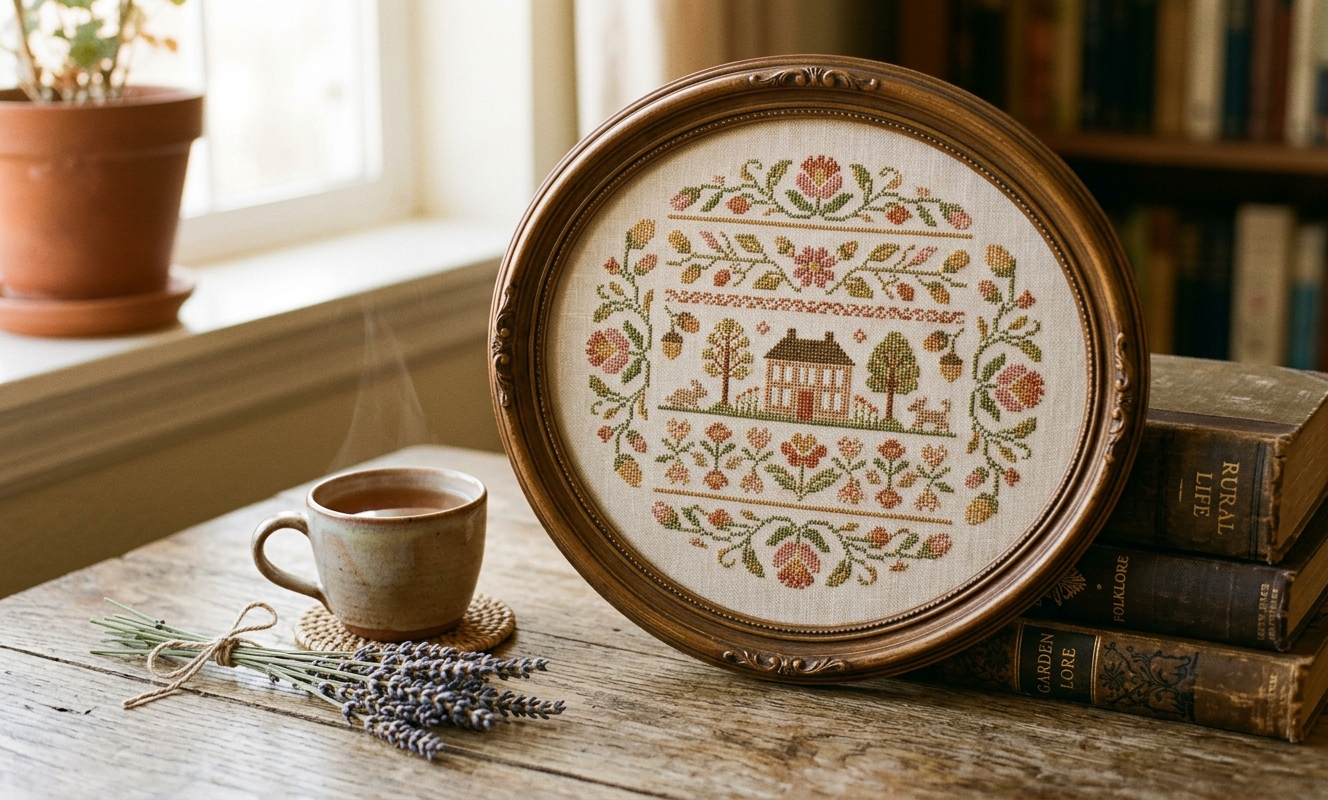 Finished cross stitch botanical sampler in oval walnut frame with dried wildflowers