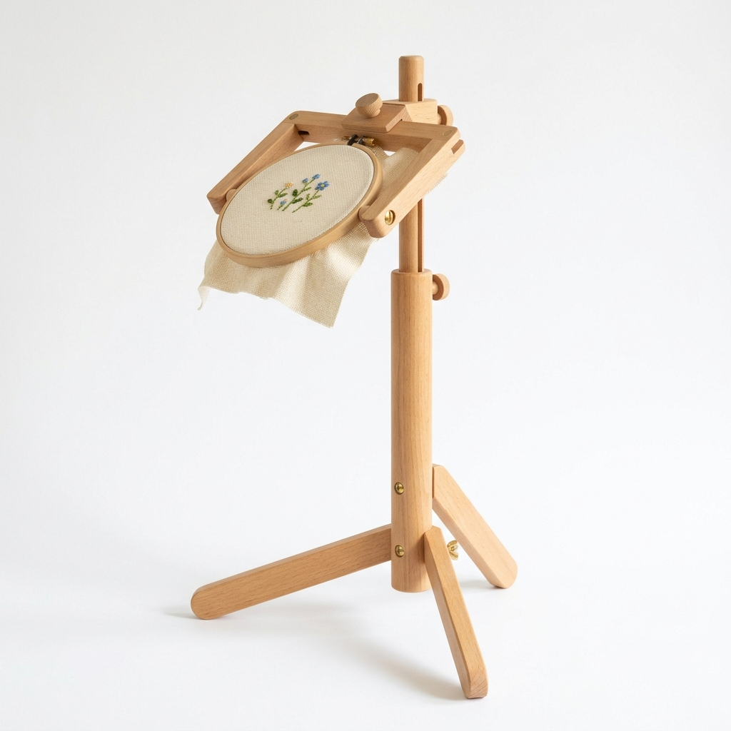 Adjustable floor stand frame for cross stitch needlework on white background