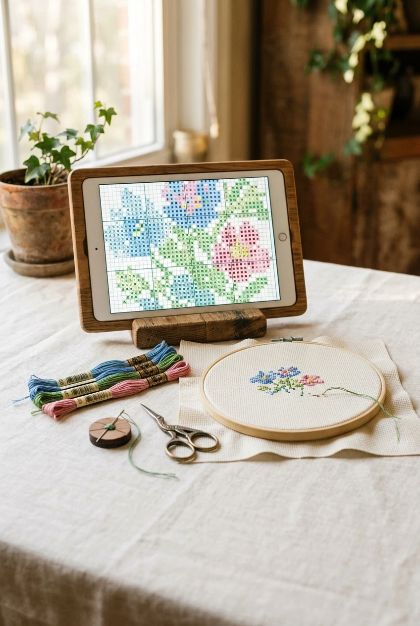 Tablet showing a cross stitch chart beside hoop and floss, Pattern Keeper PDF troubleshooting setup