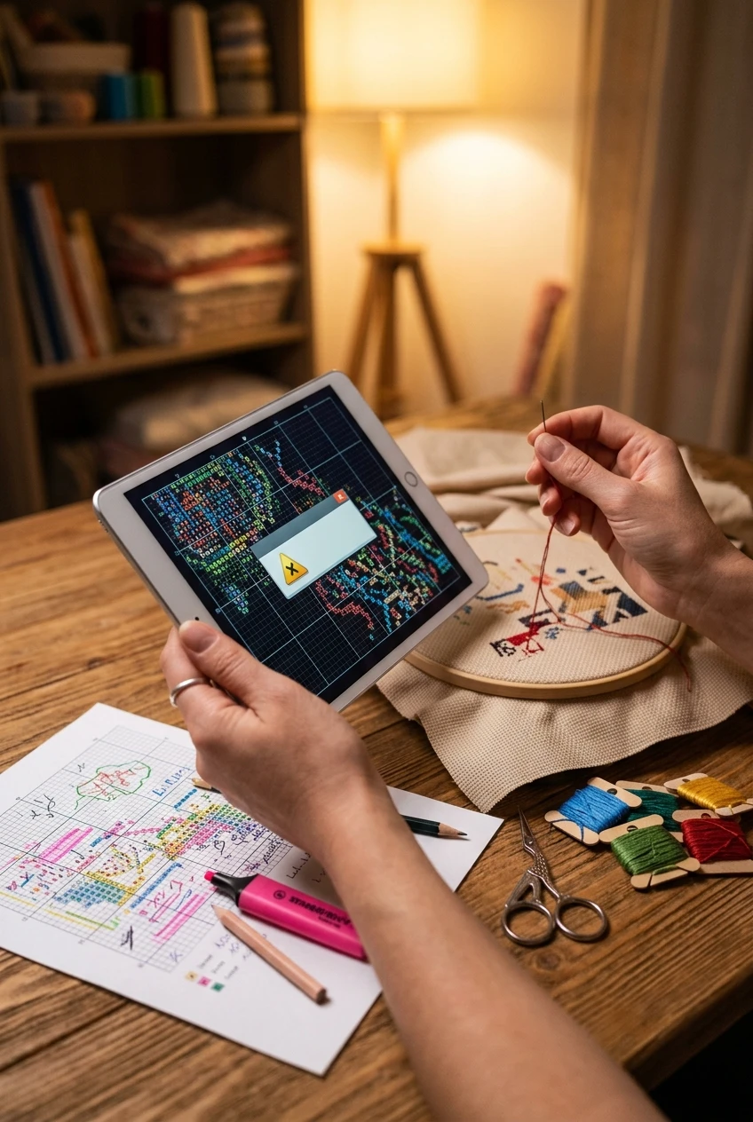 Hands holding tablet with cross stitch chart beside highlighted printed paper pattern on wooden table