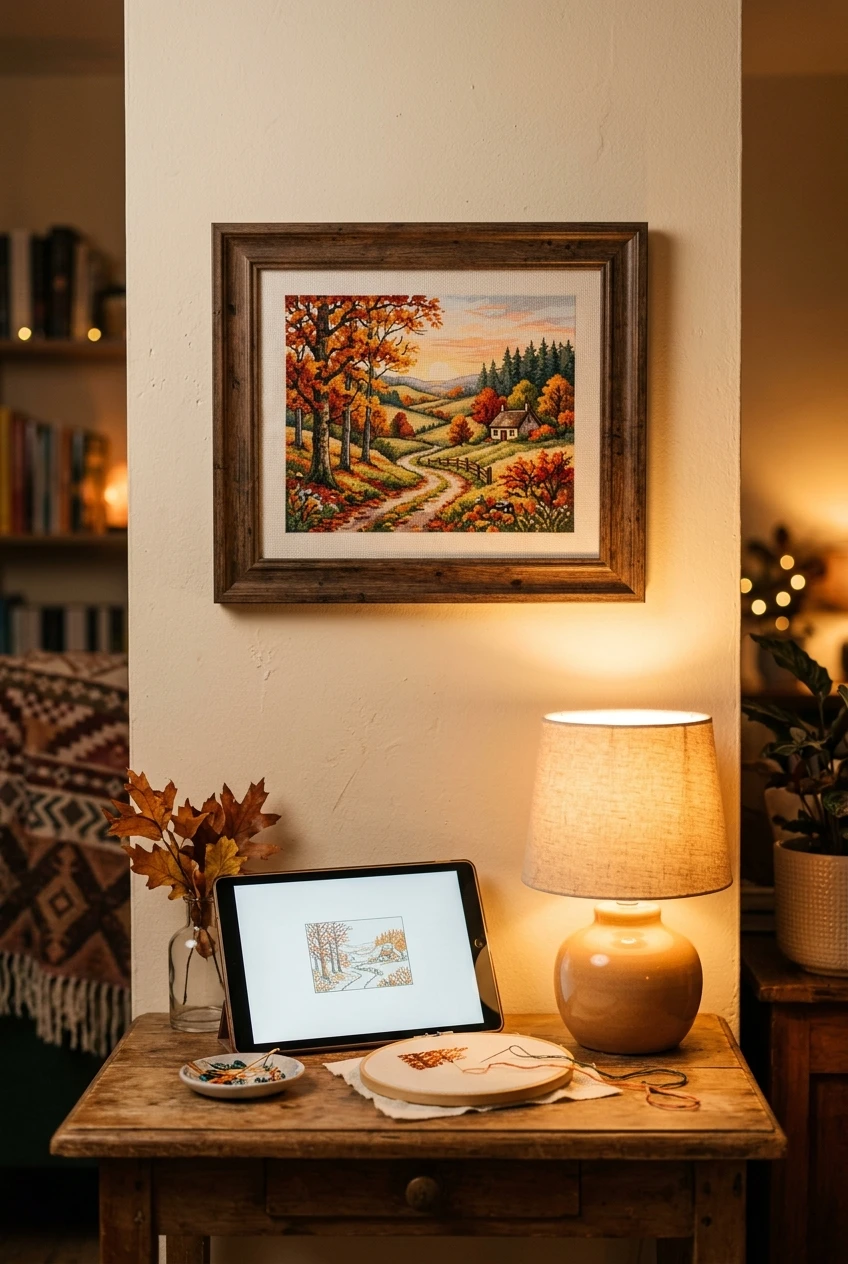 Framed autumn cross stitch wall art above a side table holding a tablet and wooden hoop