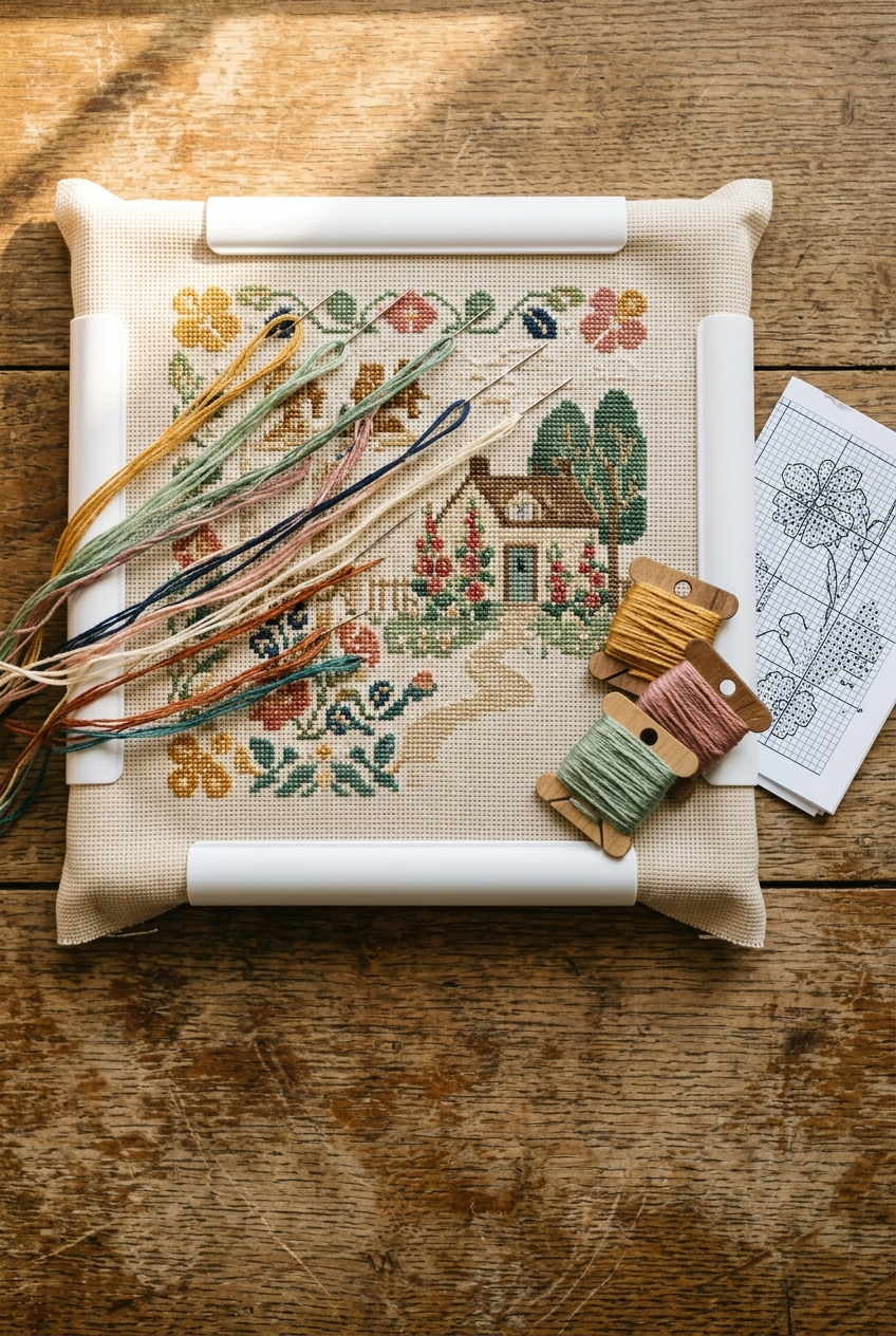 In-progress cross stitch on Q-Snap frame with many colorful needles parked across the fabric