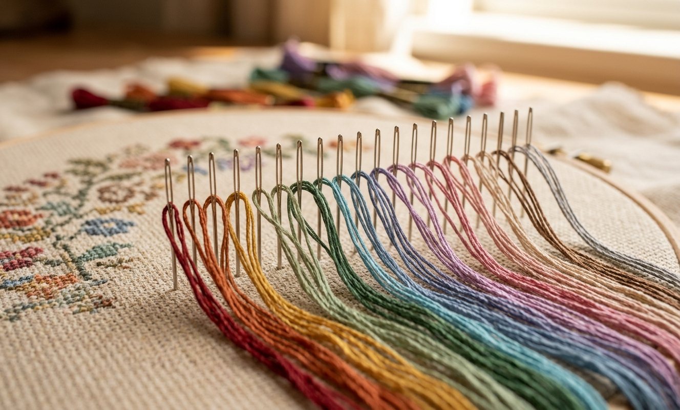 Close-up of twenty colorful tapestry needles parked in a row across detailed cross stitch fabric in warm daylight