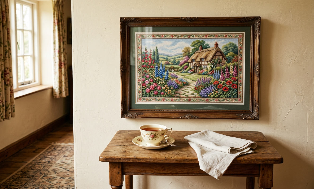 Finished complex cross stitch in a wooden frame hanging on a warm cottage wall in afternoon light