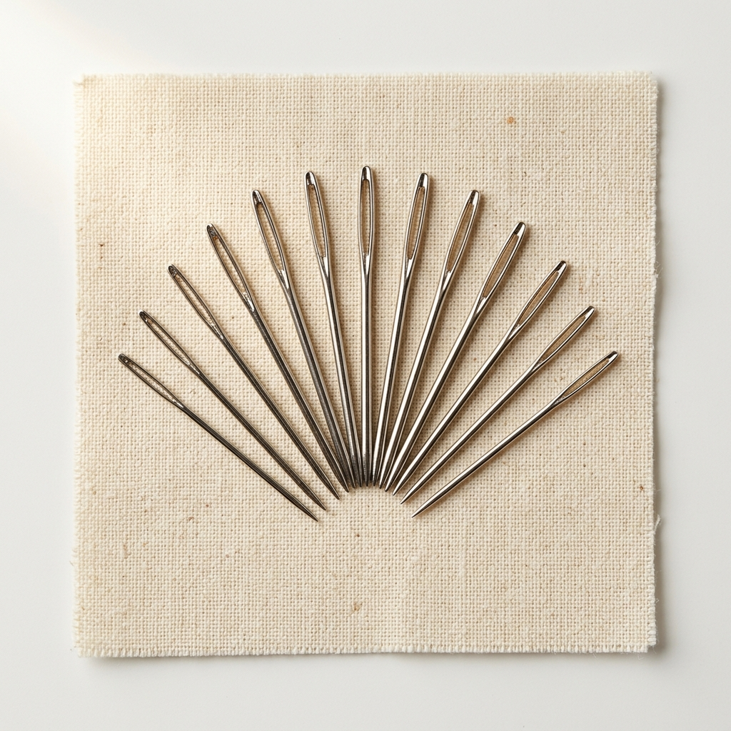 Fan of tapestry cross stitch needles arranged on cream linen fabric with soft natural light