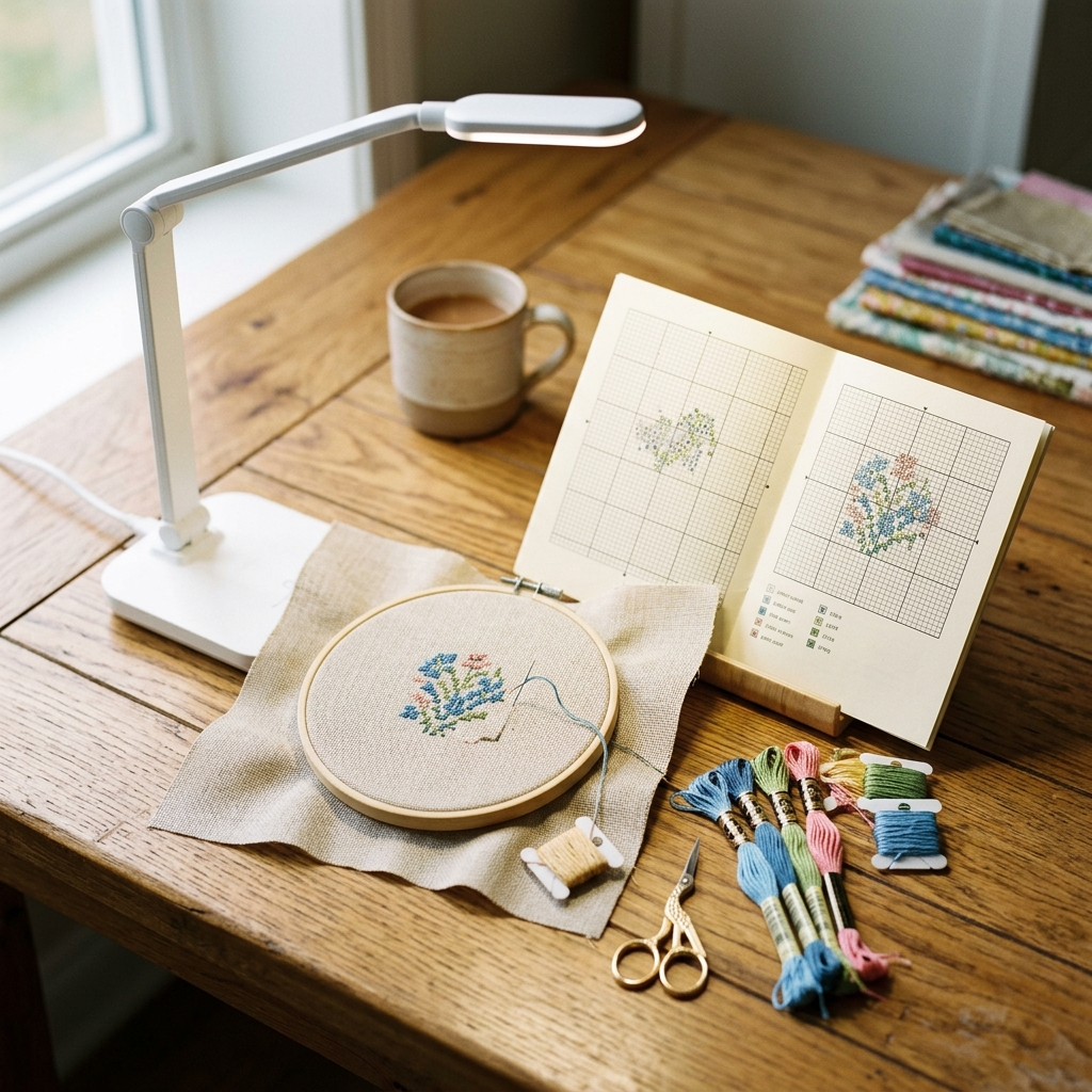 Daylight LED craft lamp illuminating cross stitch fabric and pattern chart on a wooden desk