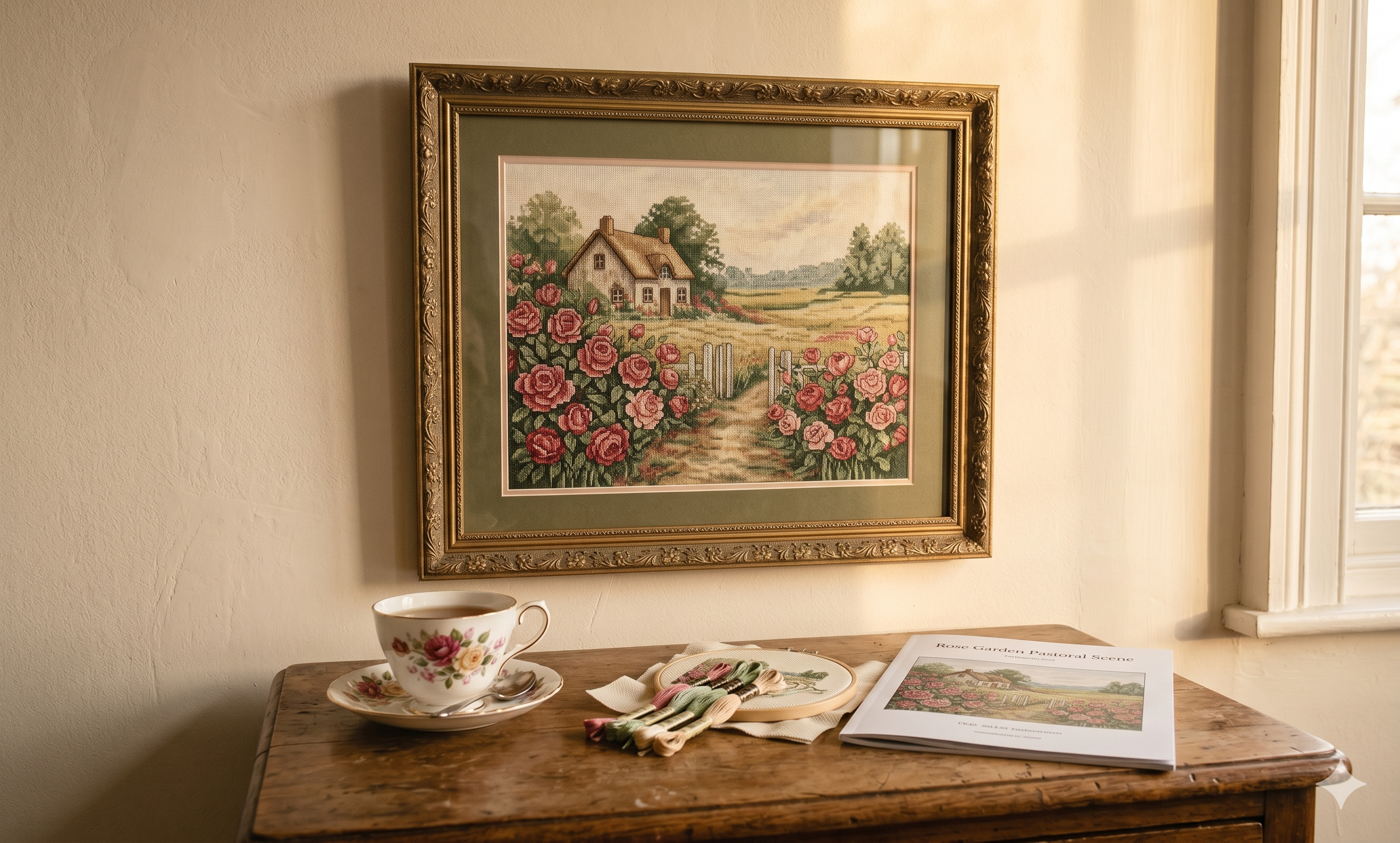 A beautifully framed finished cross stitch piece — a realistic landscape
