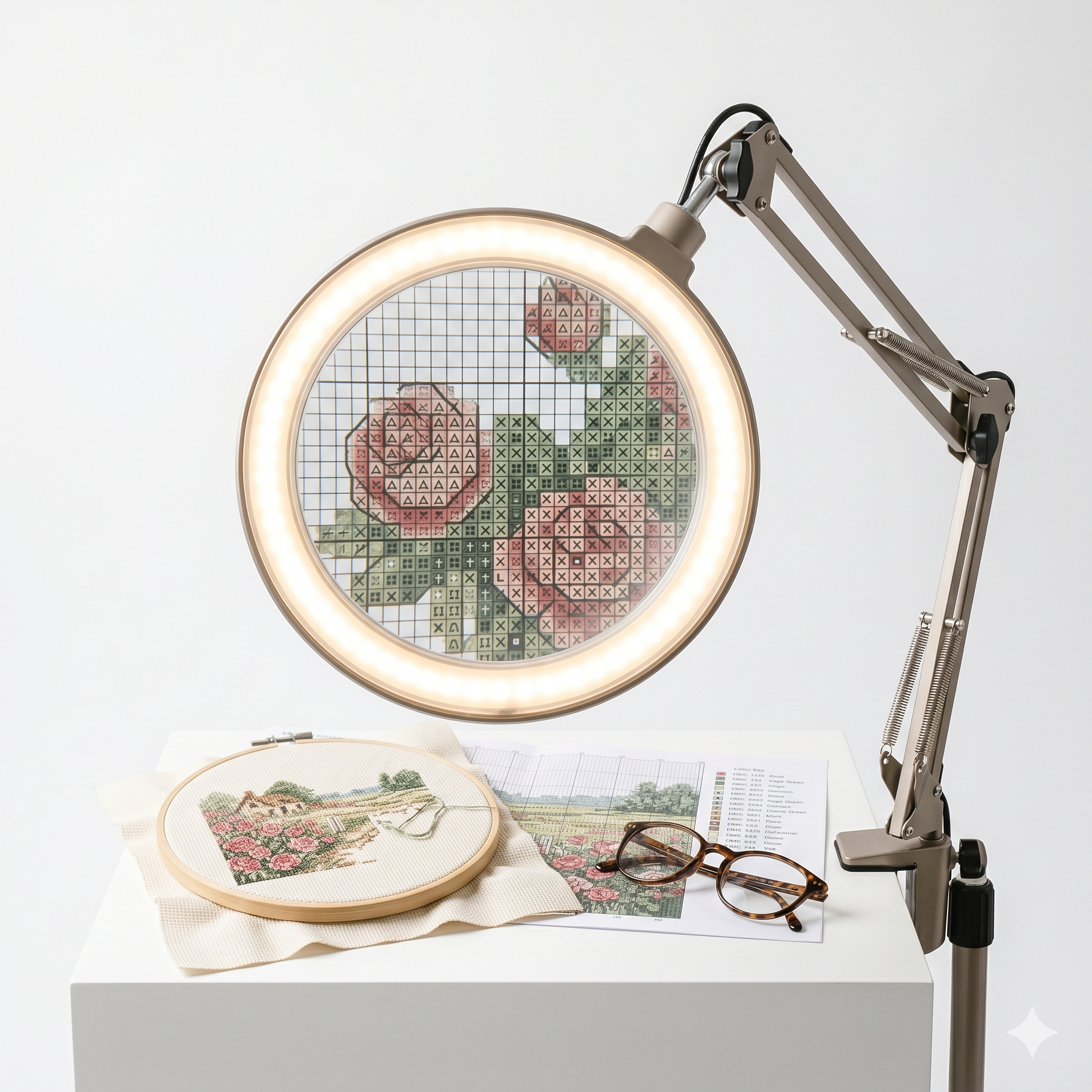 Lighted magnifier for cross stitch