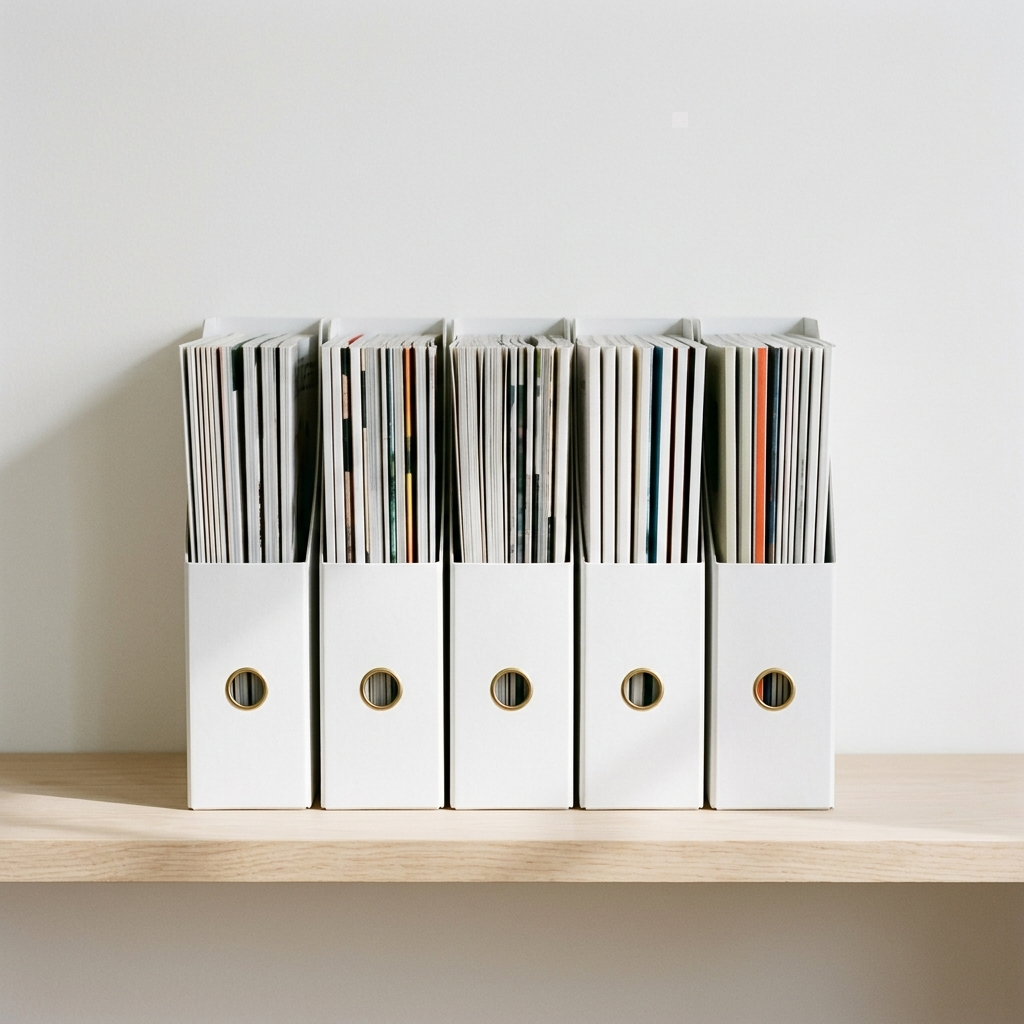 Neat row of magazine storage binder files on a clean shelf suggesting an organized cross stitch collection