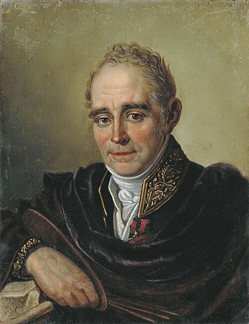 Vladimir Lukich Borovikovsky (1757&ndash;1825), the preeminent portraitist of the Russian sentimentalist era. Known for his intimate, atmospheric depictions of the aristocracy and his early roots in Ukrainian Baroque icon painting. Portrait by his pupil Bugaevsky-Blagodarny &mdash; public domain. His works are featured as counted cross stitch patterns by Sunrays Creations.