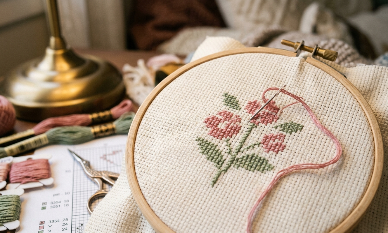 Organized cross stitch setup with frame, floss bobbins, and pattern chart