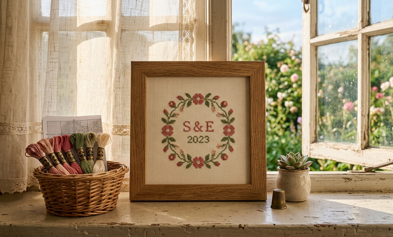 Finished framed cross stitch floral piece displayed on a wall with DMC floss basket below