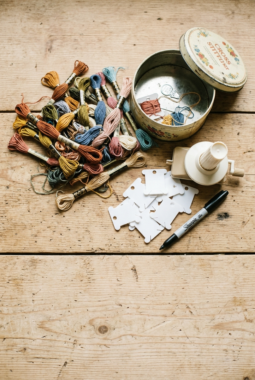 Flat lay of leftover DMC embroidery floss skeins beside bobbins and permanent marker on craft table