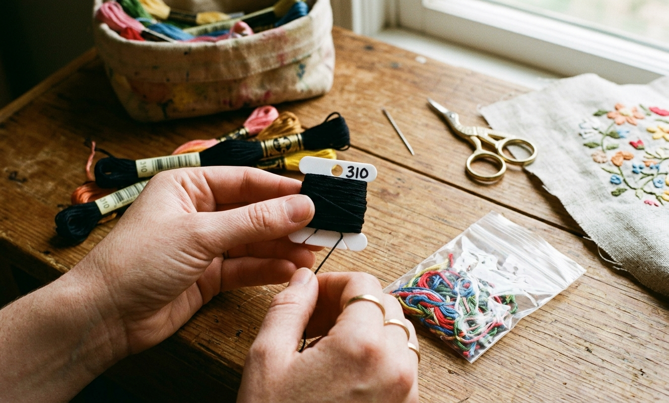 Hands winding partial DMC floss onto labeled white plastic bobbin beside zip bag of remnants