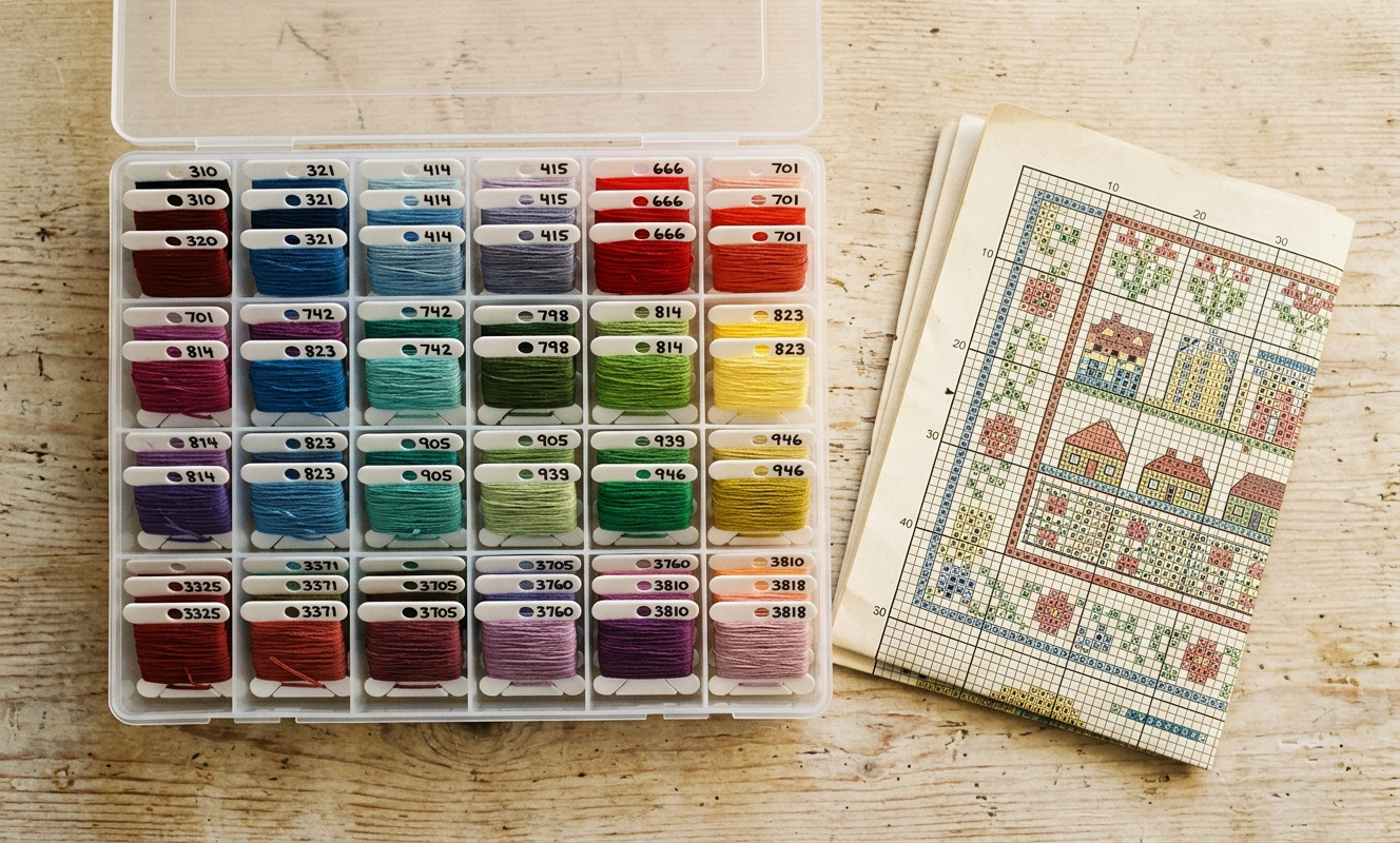Open storage box filled with numerically organized labeled floss bobbins beside a cross stitch pattern chart