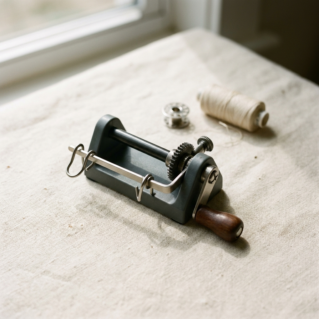 Compact embroidery floss bobbin winder tool on clean white surface editorial product photo