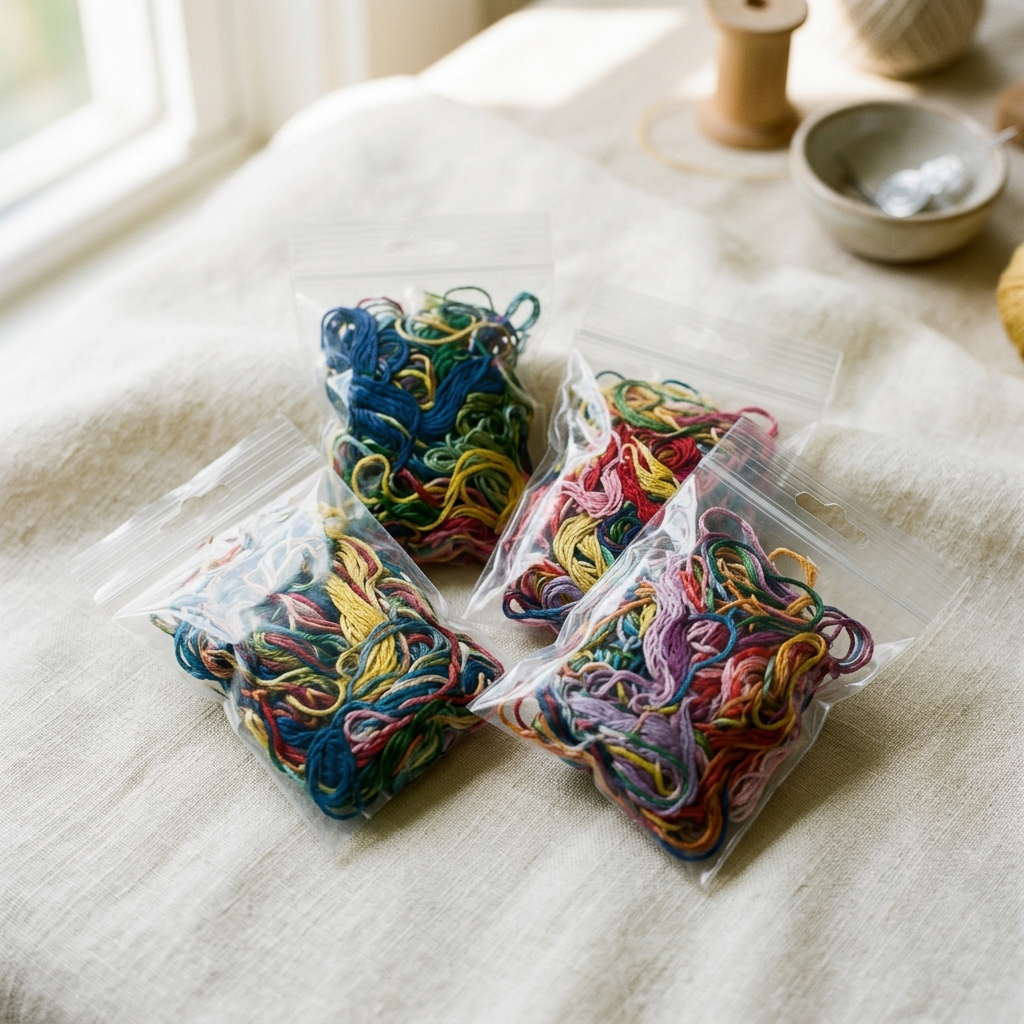 Small clear zip close bags containing colorful embroidery floss remnants on cream surface