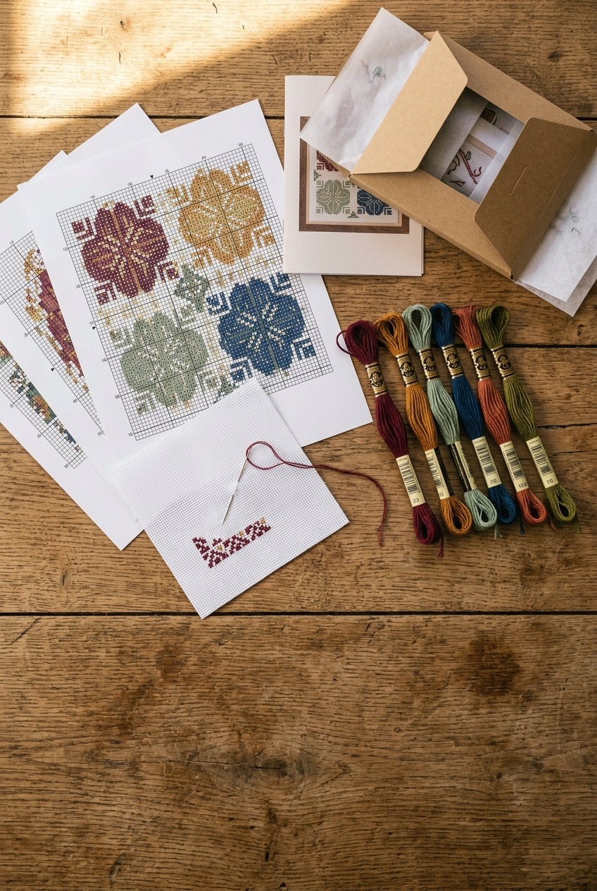 Flat lay of cross stitch pattern charts, DMC floss skeins, and Aida cloth on a wooden craft table in warm natural light