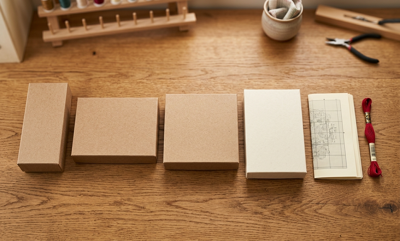 Four cross stitch kit boxes arranged in a row on a wooden shelf beside a printed pattern and DMC floss skein