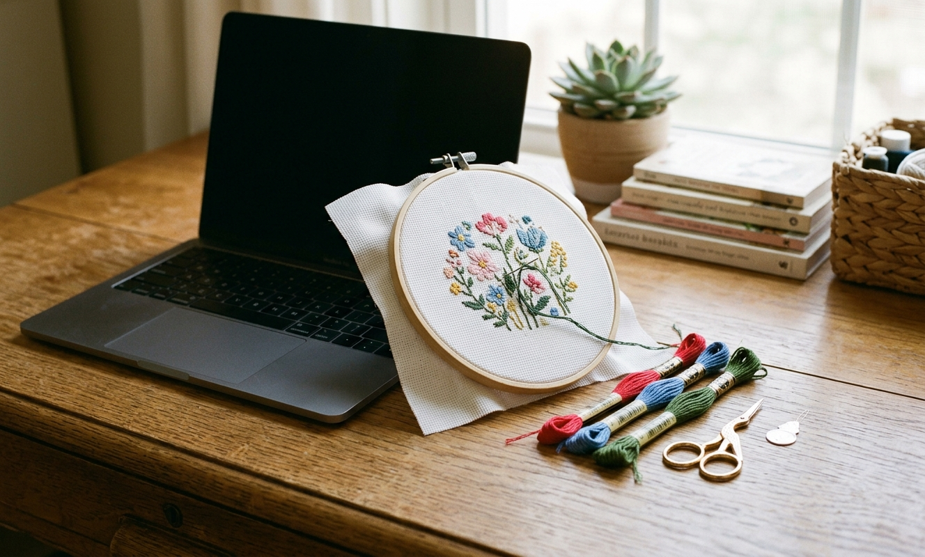 Open laptop on a wooden desk beside an embroidery hoop with a cross stitch project in progress and DMC floss skeins