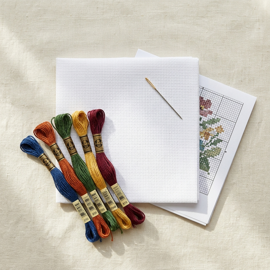 Complete counted cross stitch kit contents -- Aida fabric, floss skeins, tapestry needle, and pattern card on cream surface