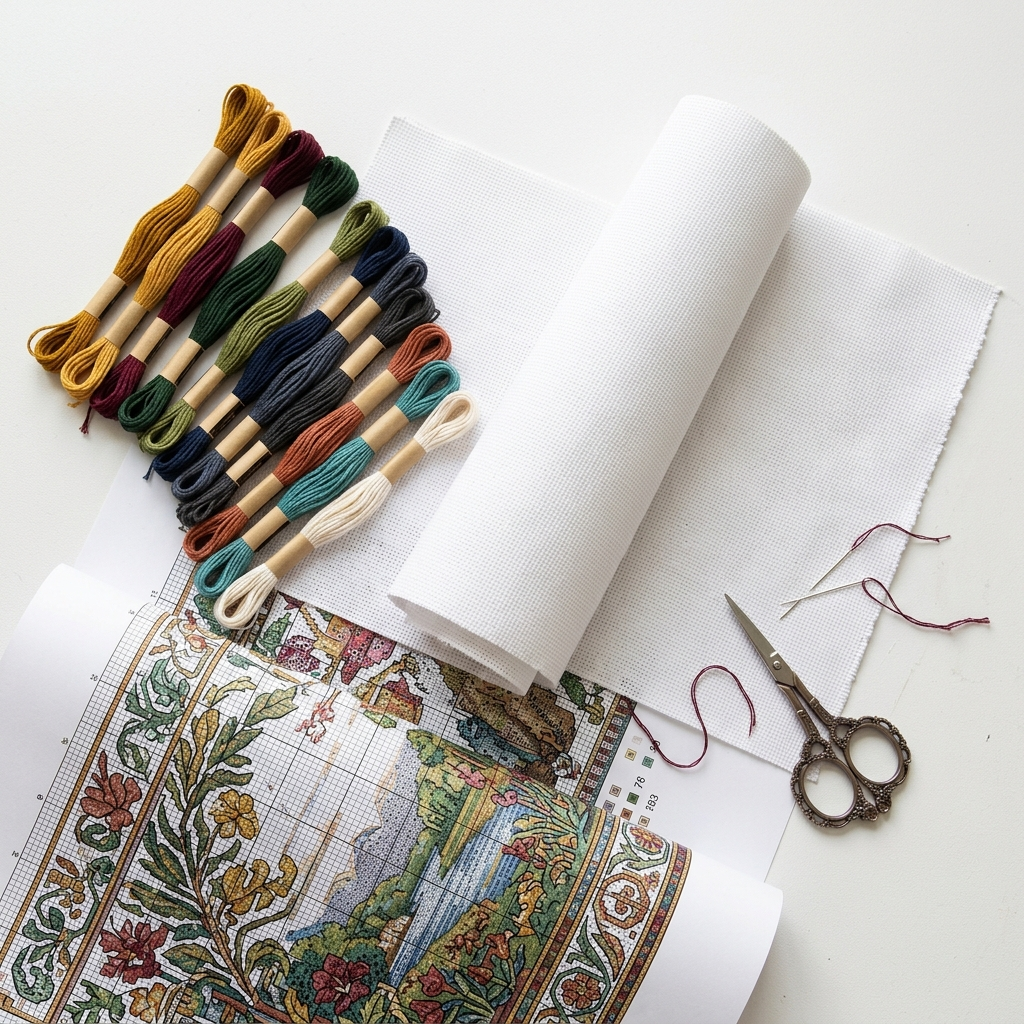 Premium cross stitch kit with large Aida cloth, rich colored floss skeins, and detailed pattern chart on white surface