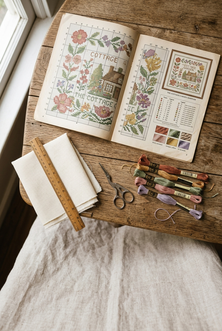 Open large cross stitch pattern booklet on wooden table with Aida cloth and embroidery thread