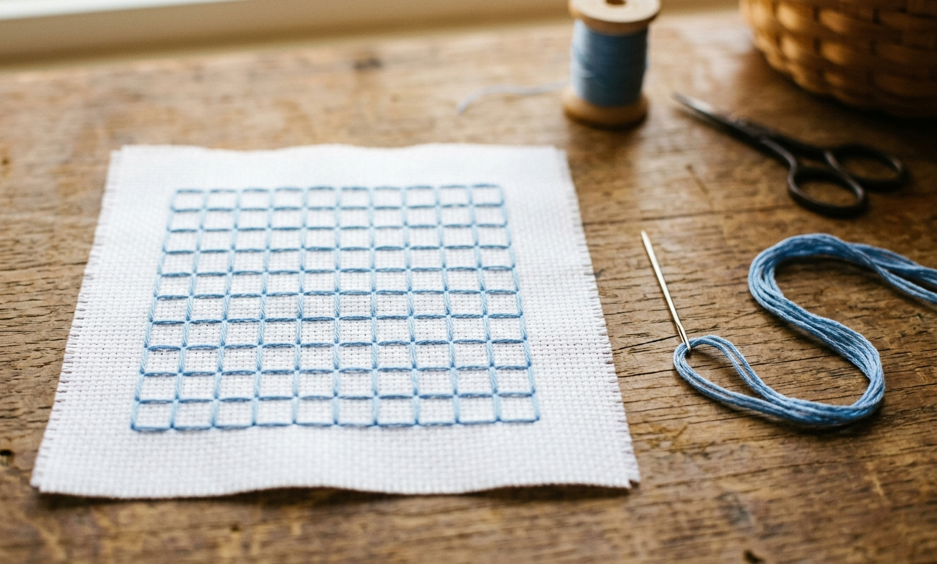 Close-up of basting thread grid on white Aida cloth with tapestry needle beside it